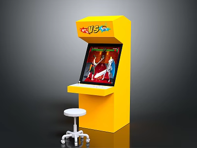 Yellow Arcade Machine With Interactive Screen Colorful Decorative Top And White Stool 3d model