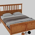 Wooden Double Bed with Slatted Headboard and White Gray Bedding 3d model