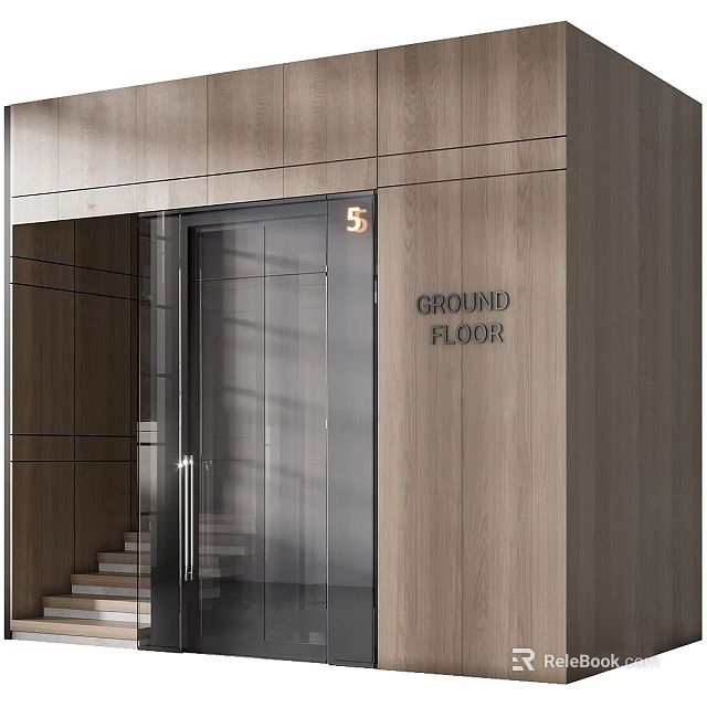 Modern Elevator Interior With Wooden Panels Glass Door And Ground Floor Number 5 3d model 