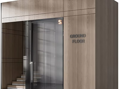 Modern Elevator Interior With Wooden Panels Glass Door And Ground Floor Number 5 3d model