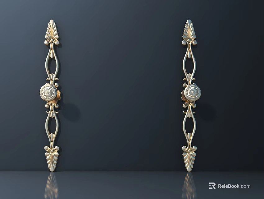 Ornate Golden Furniture Handles with Decorative Leaf and Scroll Design 3d model 