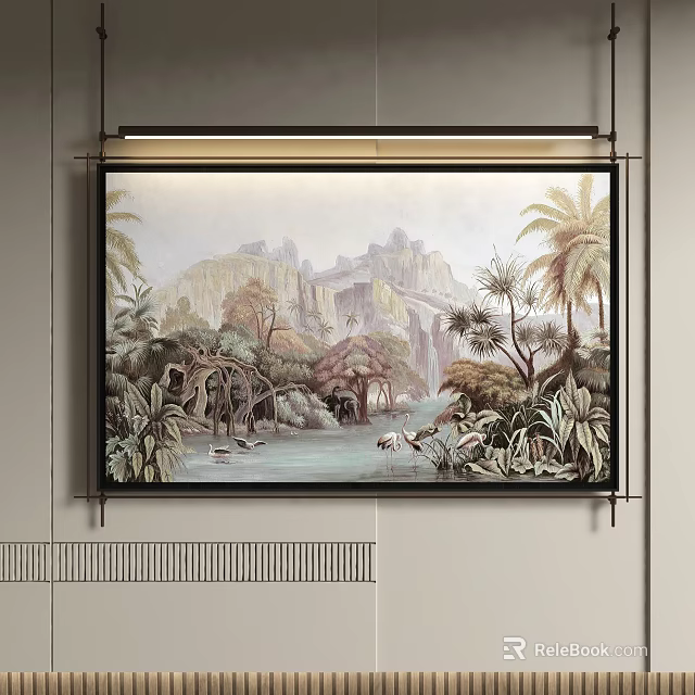 Scenic Landscape Painting With Mountains Palm Trees River Swans And Lush Plants 3d model 