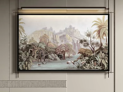Scenic Landscape Painting With Mountains Palm Trees River Swans And Lush Plants 3d model