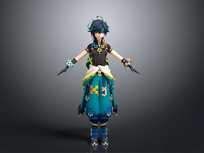 3D Anime Character With Blue Hair Black Outfit Green Accents And Weapons 3d model