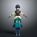 3D Anime Character With Blue Hair Black Outfit Green Accents And Weapons