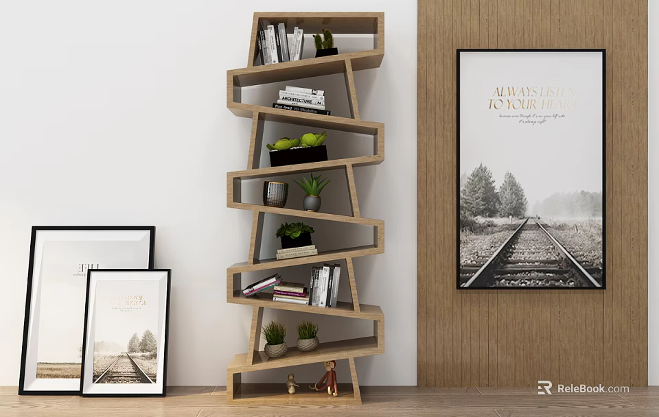Modern Unique Layered Bookshelf With Books Potted Plants And Decorations In Interior Space 3d model 