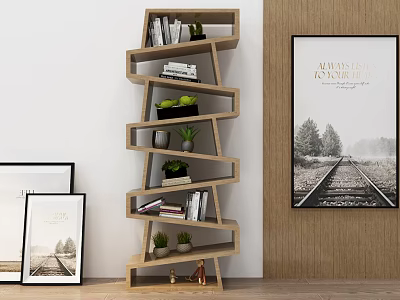 Modern Unique Layered Bookshelf With Books Potted Plants And Decorations In Interior Space 3d model