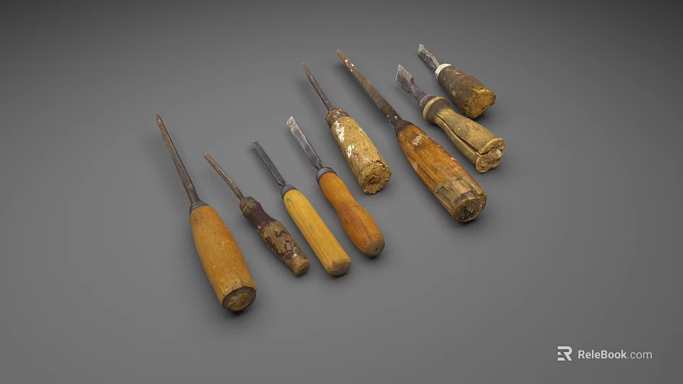 Old Worn Weapons With Wooden Handles And Metal Blades Collection 3d model 