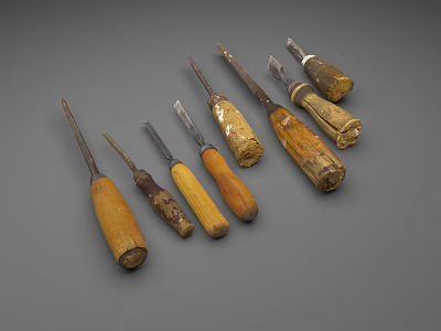 Old Worn Weapons With Wooden Handles And Metal Blades Collection 3d model