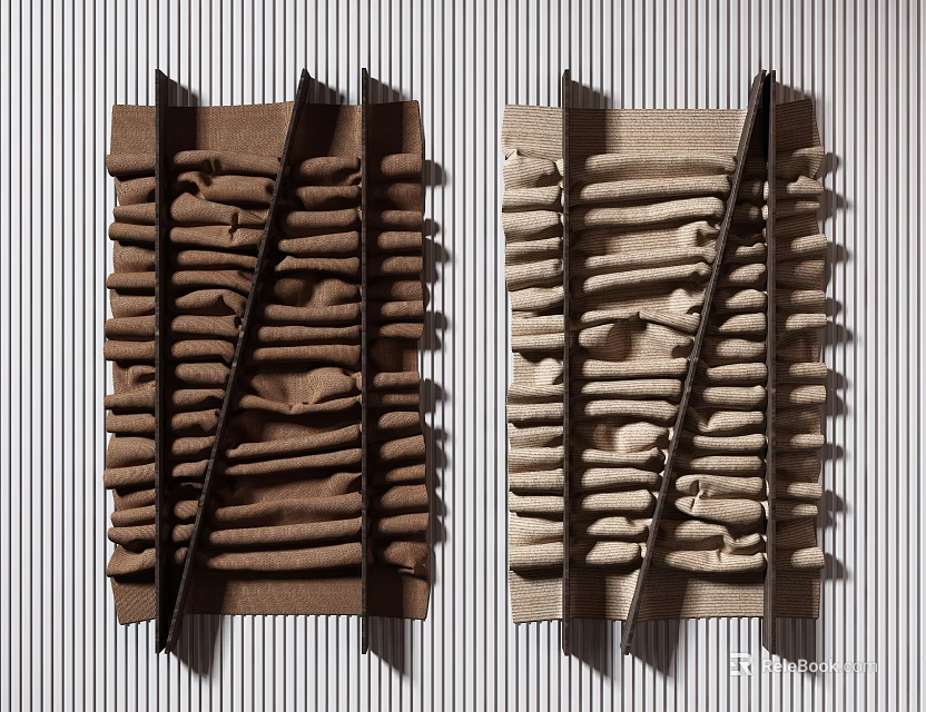 Pleated Fabric Wall Decor With Brown And Beige Striped Textured Design For Modern Home 3d model 