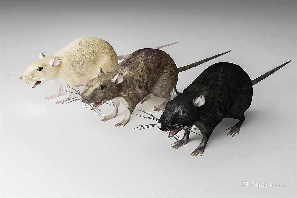 Three Colored Reptile Models Beige Gray Black With Open Mouths 3d model 