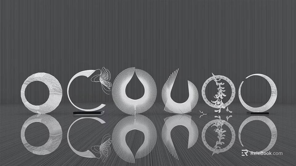 Modern Abstract Metallic Sculptures With Geometric Teardrop Leaf Shapes And Reflections 3d model 