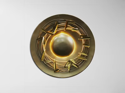 Golden Circular Metallic Wall Decor With Central Sphere And Radiant Design 3d model