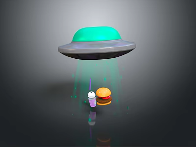 Green UFO Hovering With Burger And Drink Under Green Light Beam Drops 3d model