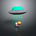 Green UFO Hovering With Burger And Drink Under Green Light Beam Drops
