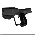 Futuristic Metal Pistol With Red Buttons Yellow Stripe And Textured Grip Design