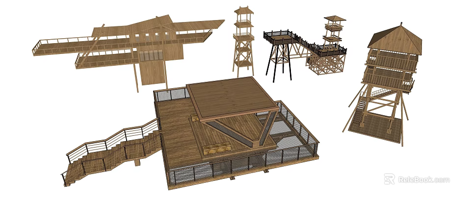 Various Wooden Tower Structures Featuring Multi Level Platforms And Staircase Designs 3d model