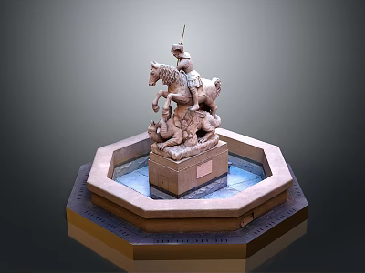 Man on Horseback in Sculpture with Lion Figure and Octagonal Fountain Base 3d model