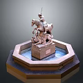 Man on Horseback in Sculpture with Lion Figure and Octagonal Fountain Base