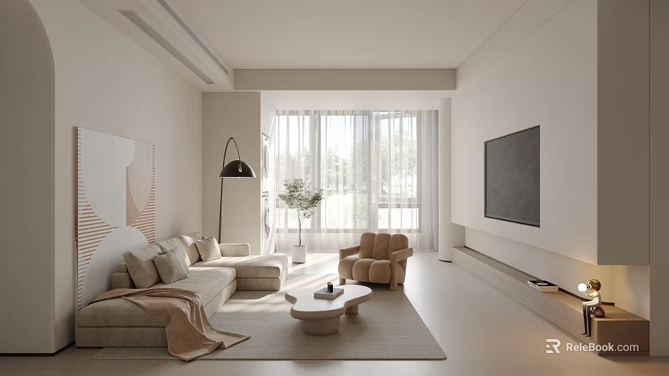 Modern Living Room Interior With Light Sofa Floor Lamp Armchair Coffee Table And Large Windows 3d model 