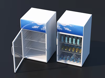 Refrigerators With Open Doors Storing Bottled Drinks White Body Blue Cloud Pattern 3d model