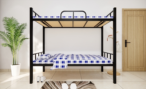 Modern bunk bed wringing iron bed student apartment dormitory bed staff dormitory double iron bed high and low bed blue and white lattice bed student bed 3d model