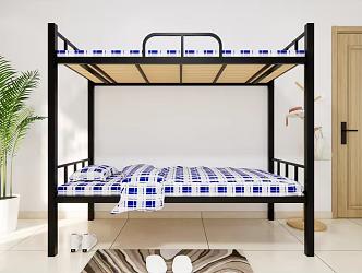 Modern bunk bed wringing iron bed student apartment dormitory bed staff dormitory double iron bed high and low bed blue and white lattice bed student bed 3d model