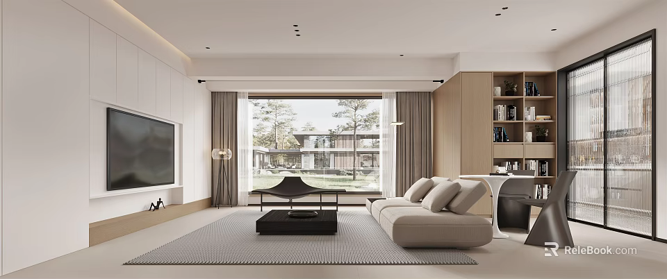 Modern Living Dining Room Interior With Beige Sofa Black Coffee Table Large Windows And Rug 3d model 