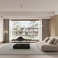 Modern Living Dining Room Interior With Beige Sofa Black Coffee Table Large Windows And Rug