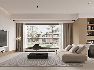 Modern Living Dining Room Interior With Beige Sofa Black Coffee Table Large Windows And Rug 3d model