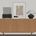 Light Wooden Cabinet With Black Speaker Laptop Books Decorative Painting And Table Lamp