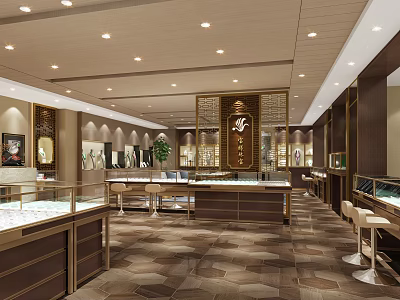 Elegant Jewelry Store Interior With Glass Display Cases Wooden Counters And Warm Lighting 3d model