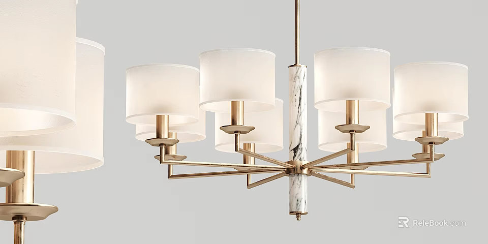 Modern Elegant Chandelier With White Fabric Shades Golden Metal Frame And Marble Center Column 3d model 