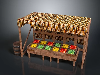 Wooden Fruit Stall With Colorful Canopy And Multi colored Fruit Baskets Plus Wooden Barrel Side 3d model