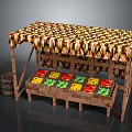 Wooden Fruit Stall With Colorful Canopy And Multi colored Fruit Baskets Plus Wooden Barrel Side