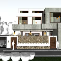 Modern Two Story Detached Villa With Concrete Facade Large Windows Stone Wall And Greenery