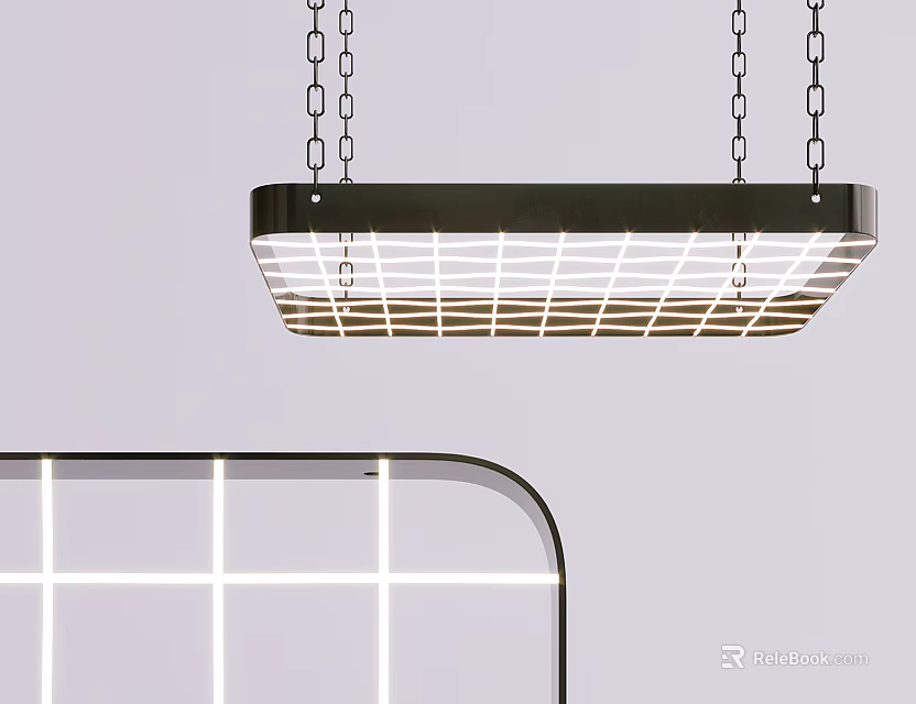 Modern Pendant Light with Black Frame Grid Design Shade Hanging by Chains and Bright Illumination 3d model 