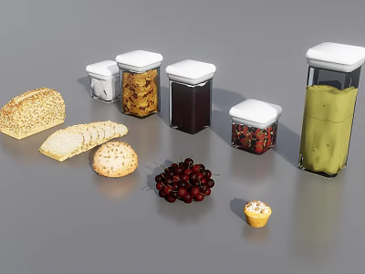 Assorted Food Items Including Bread Sliced Crackers Cherries Muffin And Storage Jars 3d model
