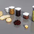 Assorted Food Items Including Bread Sliced Crackers Cherries Muffin And Storage Jars 3d model