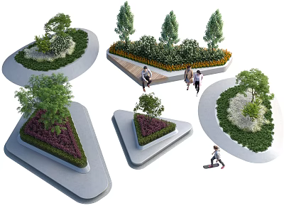 Roadside Facilities With Landscaped Islands Diverse Trees Pedestrians And Skateboarder Activity 3d model