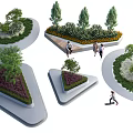 Roadside Facilities With Landscaped Islands Diverse Trees Pedestrians And Skateboarder Activity
