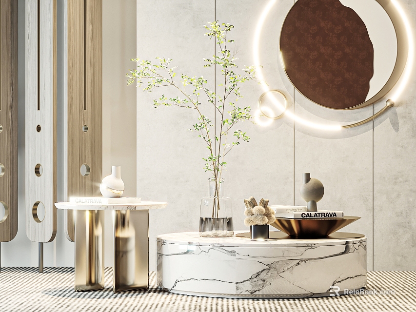 Round Modern Marble Coffee Table With Decorative Vase Green Plant And Metal Tray 3d model 