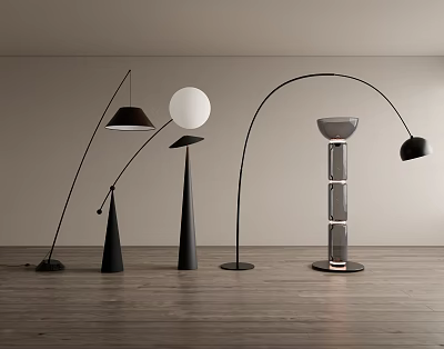 Modern Minimalist Floor Lamps With Curved Stands Conical Bases And Round Shades 3d model
