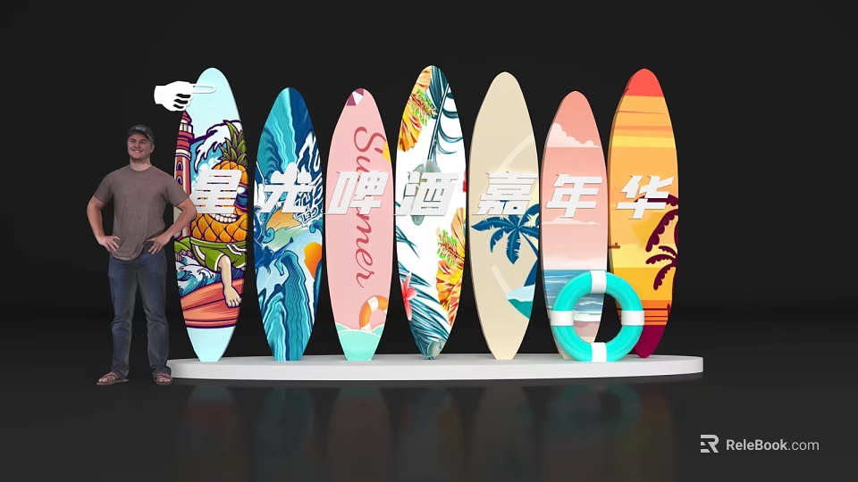 Vibrant Summer Photo Spot With Colorful Patterned Surfboards And Beach Decor 3d model 