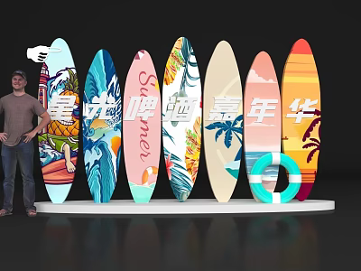 Vibrant Summer Photo Spot With Colorful Patterned Surfboards And Beach Decor 3d model