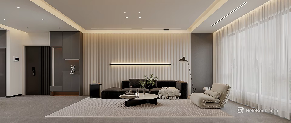 Modern Living Room Interior Design With Black Sofa Beige Armchair And Round Coffee Table 3d model 