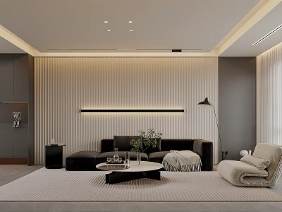Modern Living Room Interior Design With Black Sofa Beige Armchair And Round Coffee Table 3d model