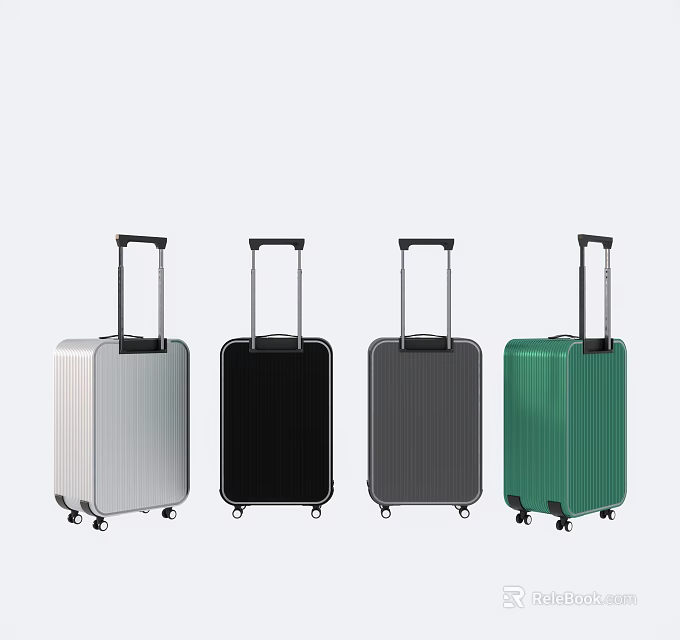 Modern Suitcases in Silver Black Gray Green with Trolley Handles and Wheels 3d model 
