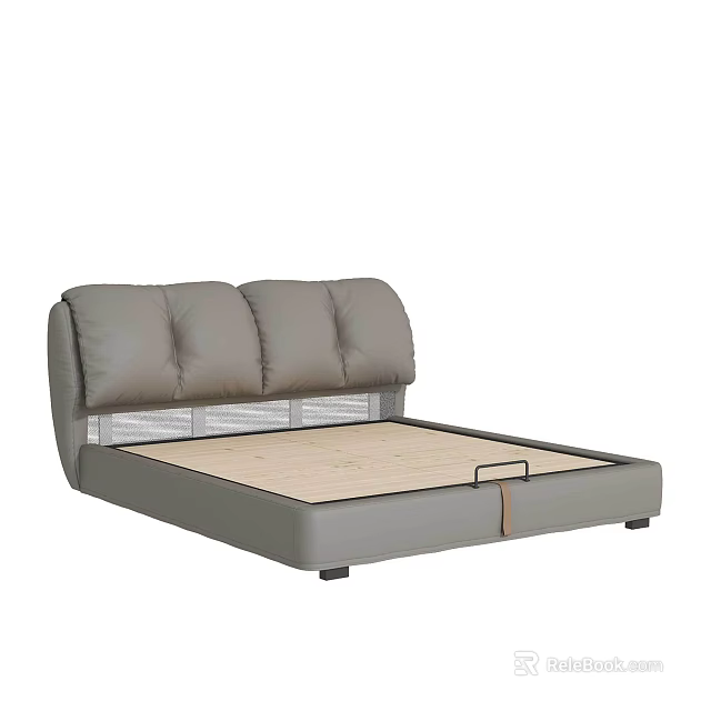 Modern Gray Leather Double Bed With Padded Headboard And Wooden Slat Base 3d model 
