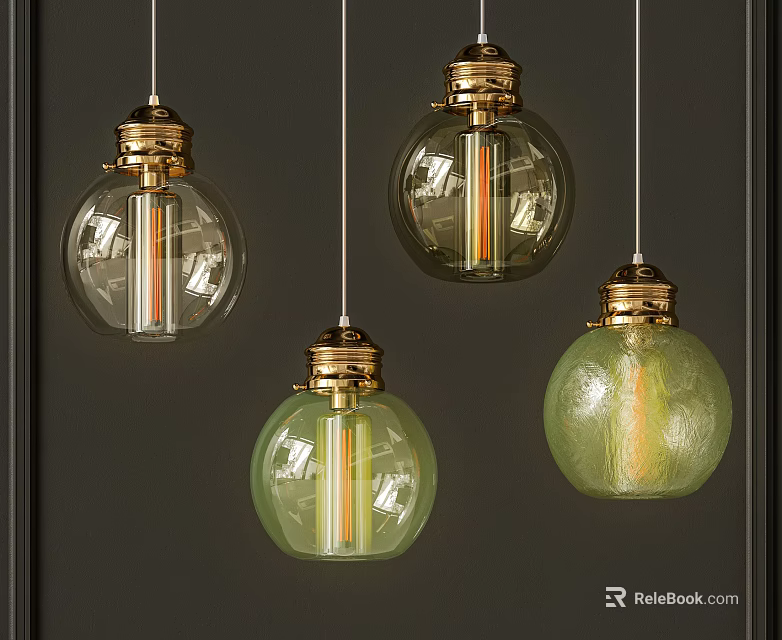 Modern Vintage Spherical Glass Pendant Lights With Gold Accents And Clear Light Green Shades 3d model 